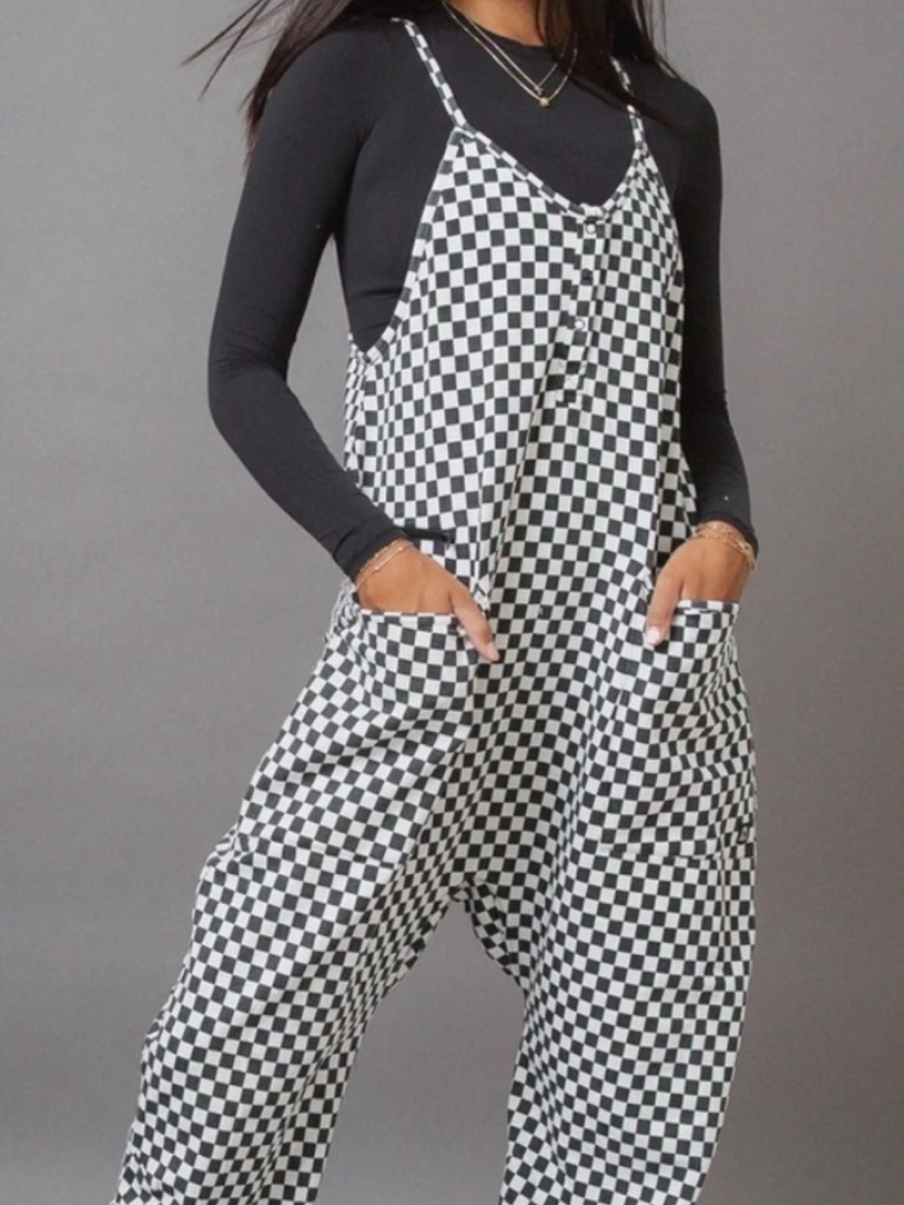 Rags Checkerboard Wide-Leg Jumpsuit — Black & White medium